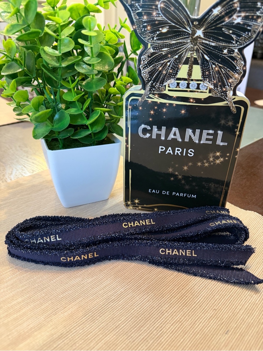 CHANEL Navy and Gold Logo Ribbon Trim